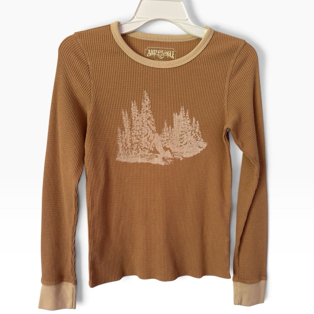 American Eagle Waffle Knit Graphic Long Sleeve Thermal Top Women’s Size Small
